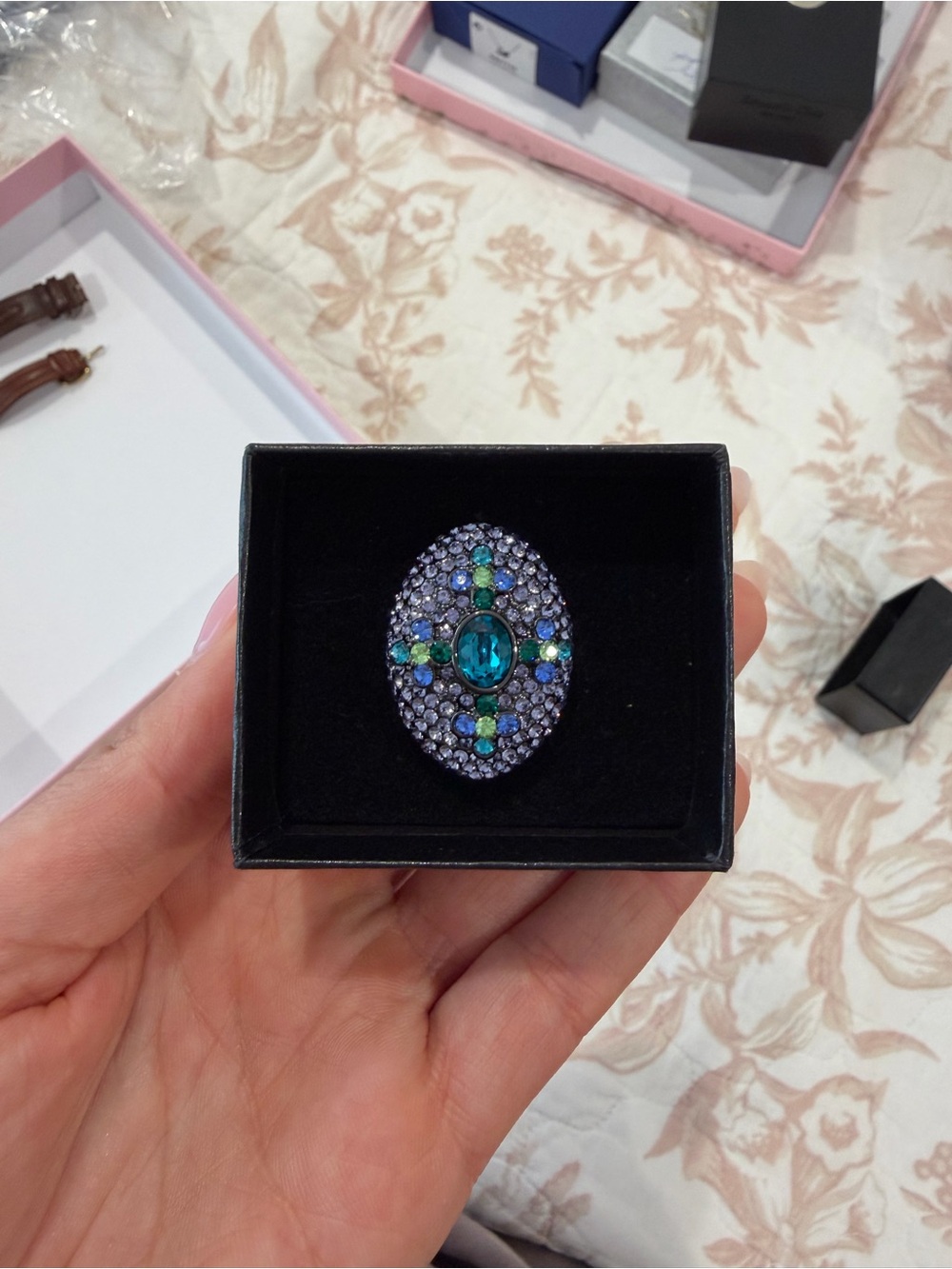 Vintage-Inspired Blue & Green Crystal Oval Statement Ring